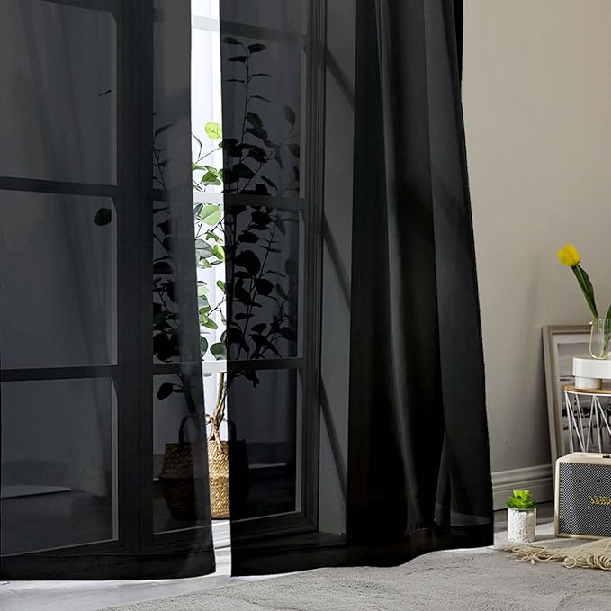 Sheer Black Curtains for Bedroom Living Room 90 Inches Long 2 Panels Set, Soft Airy Light Filtering Sheer Window Treatments, Modern Rod Pocket Curtains Drapes, Each 42" Wx90 L Inch