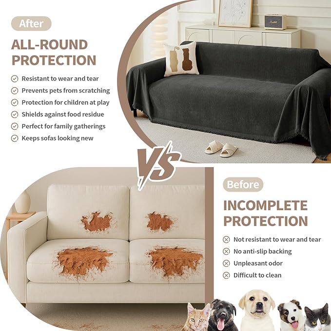 Couch Cover for Dogs, Boho Sofa Covers for 2 Cushion Couch, Chenille Sofa Slipcover for Pets Washable, L-Shape Sectional Couch Cover Soft Throw Blankets with Tassels(71x102,Charcoal Grey)