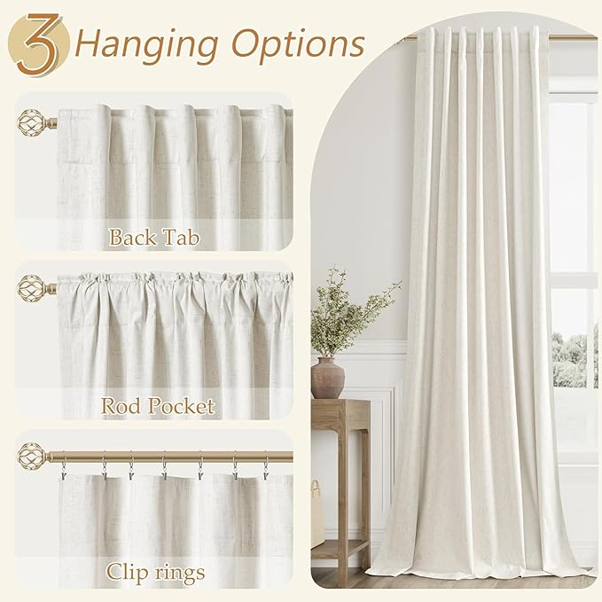 Guken 100% Blackout Cream Linen Curtains 112 Inch Wide by 52 Inch 2 Panels Set for Living Room Bedroom Back Tab Thermal Insulated Black Out Linen Drapes Room Darkening Window Curtains