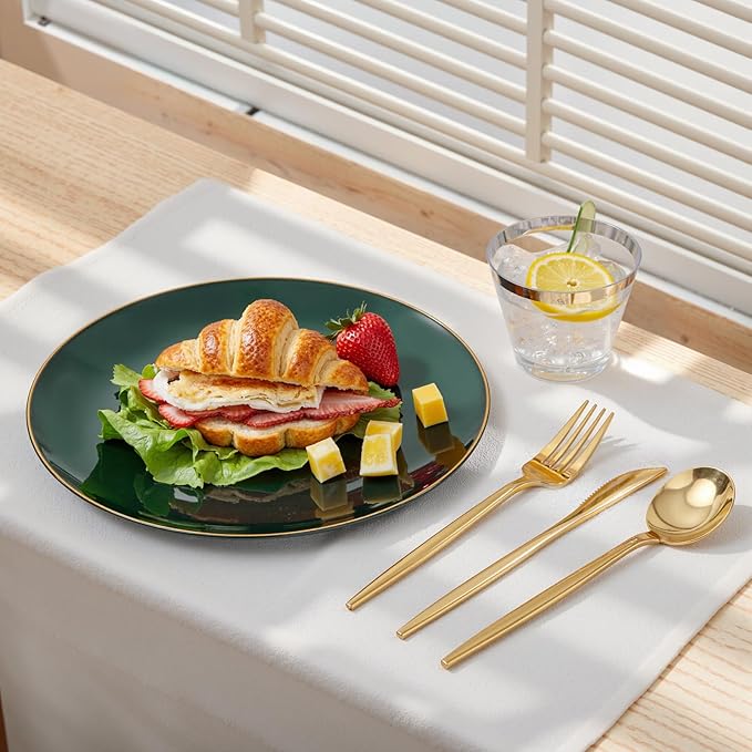 bUCLA 150PCS Green Plastic Plates - Green and Gold Disposable Include 25 Each (Dinner & Dessert) Plates, 25 Knives, 25 Forks, 25 Spoons and 25 Cups, Ideal for Party&Christmas