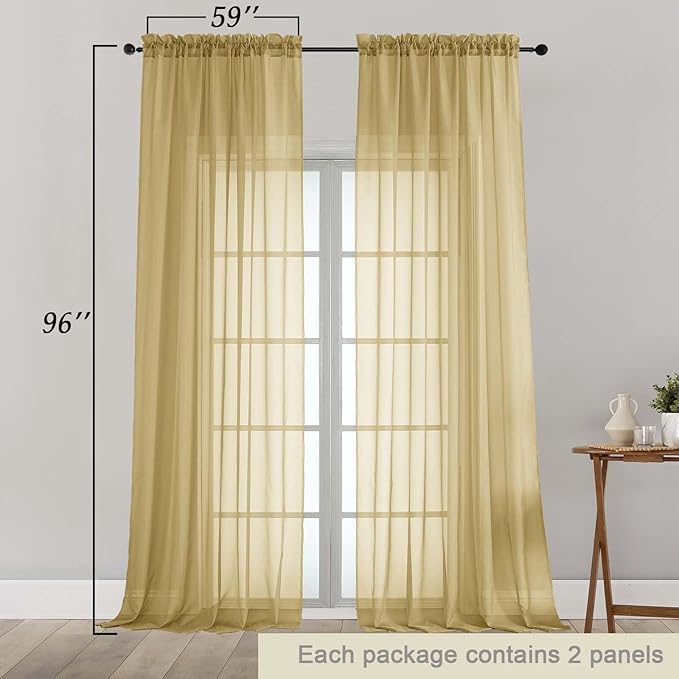 Gold Sheer Curtains for Bedroom Living Room 96 Inches Long 2 Panels, Modern Airy Soft Lightweight Rod Pocket Light Filtering Sheer Curtains Drapes, Gold, Each 59" Wx96 L Inch