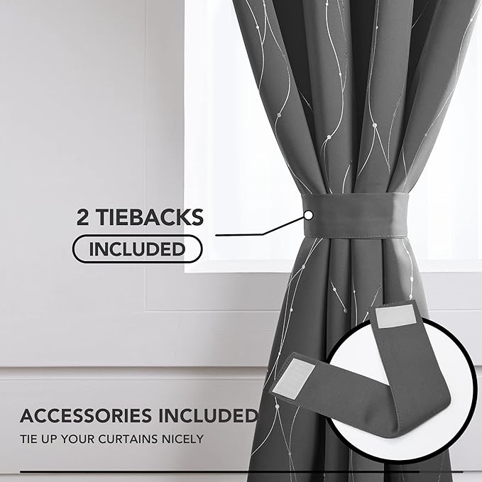 Deconovo Blackout Curtains, Grey Curtains, Thermal Insulated Soundproof Grommet Drapes, Silver Wave Dot Foil Print, 42 x 63 Inch, 2 Panels, Machine Washable Window Panel for Living Room Bedroom Office