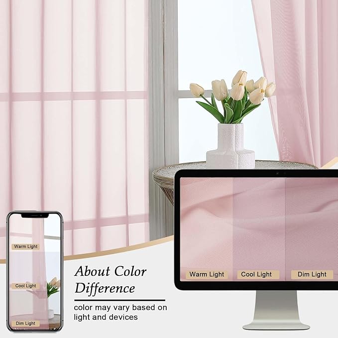 Extra Long Blush Sheer Curtains for Bedroom Living Room 108 Inches Long 2 Panels Set, Solid Soft Light Filtering Rod Pocket Sheer Window Curtains, Blush, Each 59" Wx108 L Inch