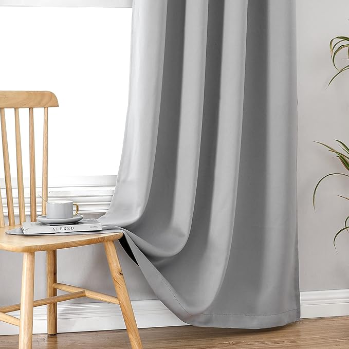 ChrisDowa 100% Blackout Curtains 84 inch Long for Bedroom with Black Liner, 2 Thick Layers Total Blackout Thermal Insulated Grommet Window Curtains 2 Panels Set (Light Grey, 38 x 84 Inch)
