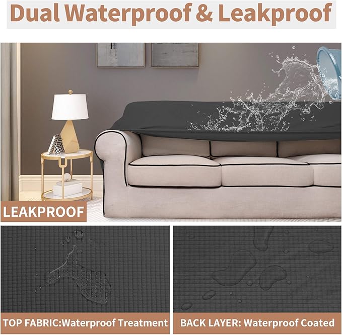 Easy-Going 100% Waterproof Oversized Loveseat Couch Cover, Dual Waterproof Sofa Cover, Stretch Jacquard Sofa Slipcover, Leakproof Furniture Protector for Kids, Pets, Dog and Cat, Dark Gray