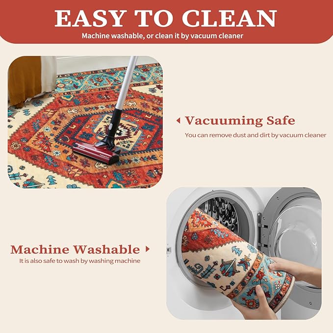 SERISSA 5x8 Area Rugs for Living Room, Large Washable Non-Slip Boho Rug, Ultra Soft Vintage Orange Oriental Tribal Print Distressed Carpet for Bedroom Dining Room Dorm Office Home Decor
