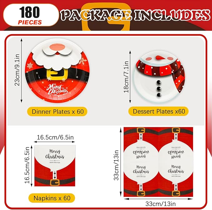 180Pcs Christmas Party Supplies Paper Plates and Napkins Serve 60 Disposable Tableware Set for Birthday Party Decorations Game Day Family School Holiday Sports Events