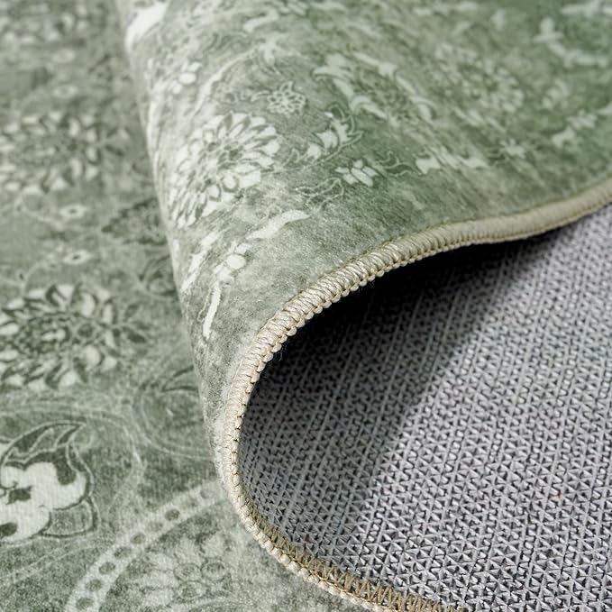 4x12 Washable Hallway Runner Rug - Wide Kitchen Runners Vintage Low Pile Carpet Soft Thin Floor Runner with Rubber Backing for Entryway Bedroom Living Room Home Decor (Muted Sage Green)