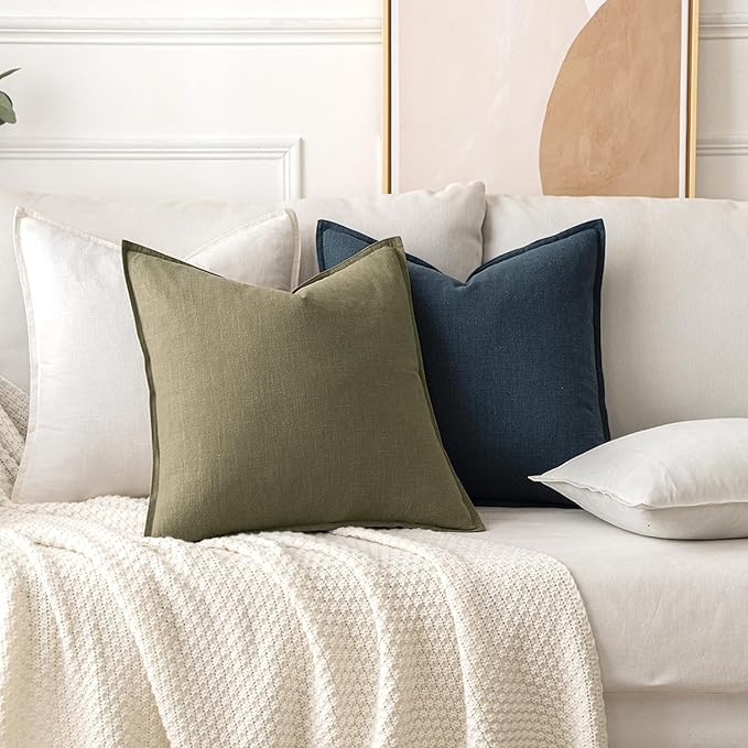 MIULEE Decorative Linen Pillow Covers 16x16 Inch Cream White Boho Farmhouse Neutral Couch Throw Pillows for Bed Pack of 2 Accent Modern Pillowcase Sofa Livingroom Home Decor