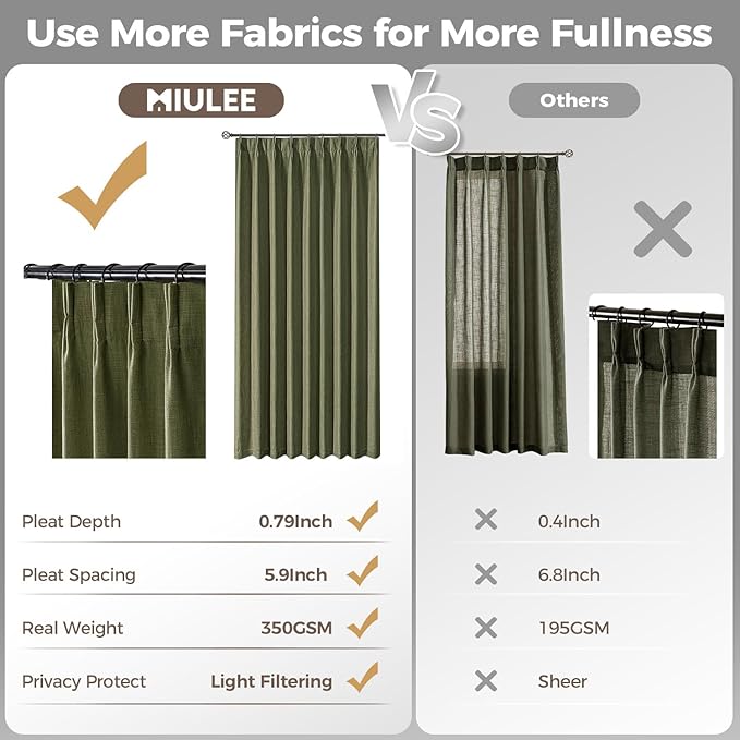 MIULEE Olive Green Pinch Pleated Thick Linen Curtains 84 Inches Long 2 Panels for Living Room Bedroom, Linen Texture Memory Trained Drapes Pleat Back Tab Semi Sheer Moss Green Track System Curtains