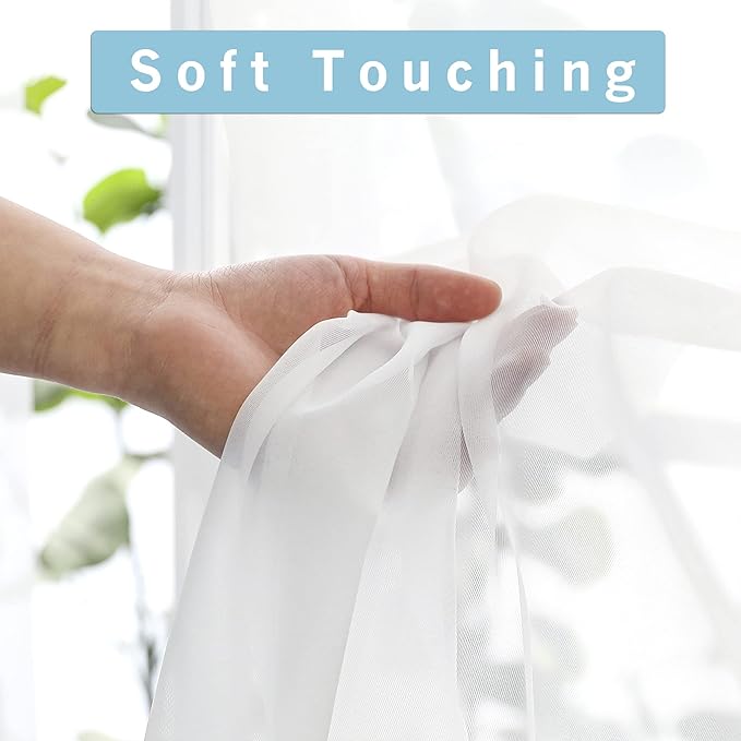 OWENIE Sheer Curtain, 120 Inches Long, White, Rod Pocket, Polyester, 2 Panels, for Living Room and Bedroom