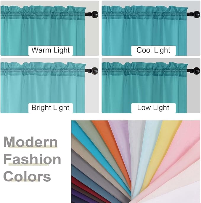 Turquoise Valances for Windows, Turquoise Sheer Curtains 14 Inch Length 2 Pack Kitchen Drapes, Modern Solid Mini Small Window Curtains for Cafe Bathroom Basement, Each 42" Wx14 L Inches