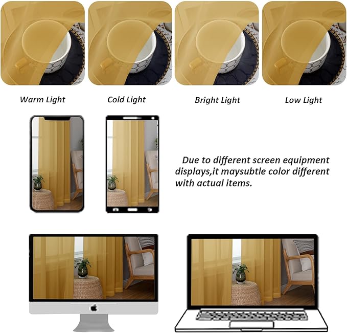 Chyhomenyc Gold Sheer Valances for Windows - Light Filtering Small Kitchen Curtains, Rod Pocket Short Top Window Treatment Decor for Living Room Bathroom Basement, 42Wx16L inches, 2 Panels