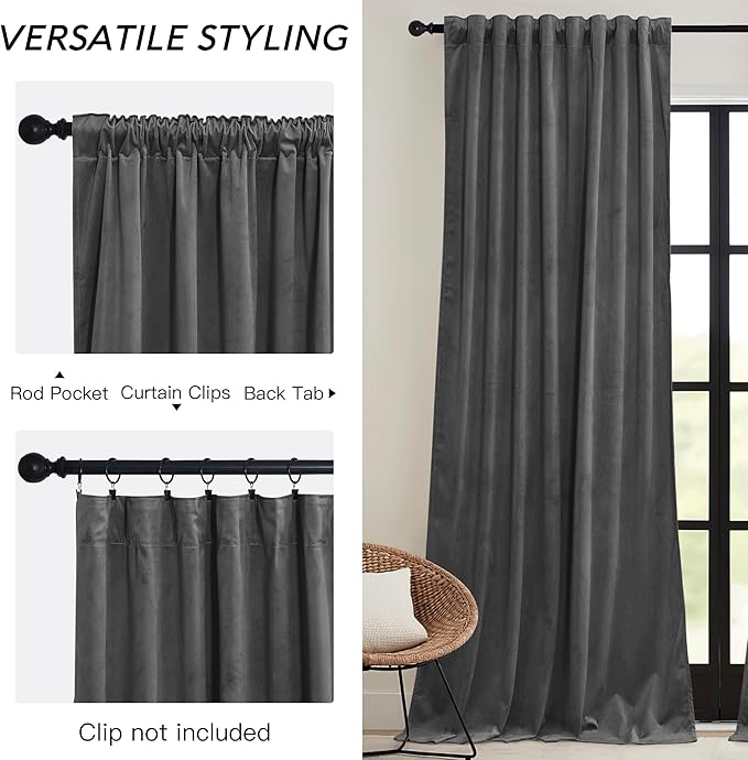 RYB HOME Grey Velvet Curtains 102 inches with Hook Belt, Soft Fabric Room Darkening Thermal Insulated Luxurious Home Decor Curtains for Living Room Bedroom, W 52" x L 102", 2 Panels Set
