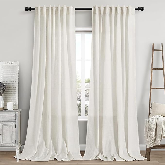 Linen Cream Curtains 107 Inch Extra Long for Living Room Back Tab Light Filtering Semi Sheer Drapes Modern Farmhouse Coastal Decor Cotton Textured Curtain for Floor to Ceiling Window 52x107
