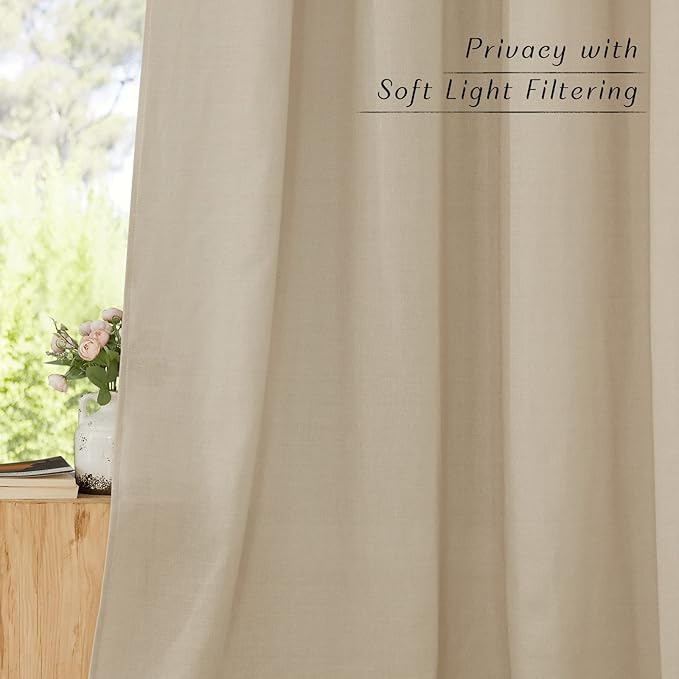 NICETOWN Linen Flax Semi Sheer Curtains 94" Length, Grommet Window Treatments Privacy Added with Light Penetration Vertical Drapes for Loft/Home Office, Angora, W55 x L94, 2 Panels