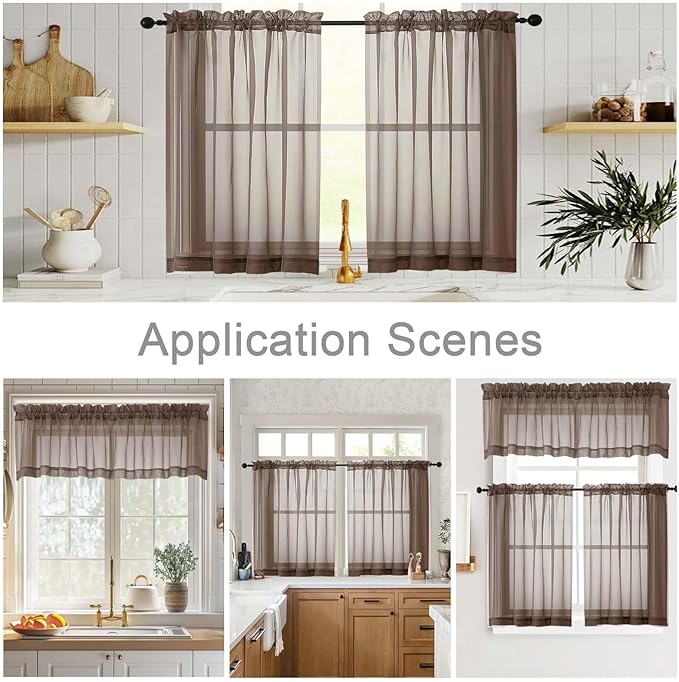 Chocolate Kitchen Curtains 30 Inch Length Tier 2 PCS, Solid Soft Airy Half Curtains for Windows, Sheer Rod Pocket Drapes for Bathroom Basement Small Window Curtain, Chocolate, 42"Wx30"L Inch