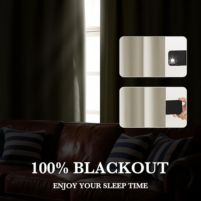 RYB HOME Bedroom Blackout Curtains 63 inches Long, 100% Blackout Thermal Insulated Noise Reducing Curtains for Living Room Nursury, 62 inches Wide by 63 inches Long, Natural