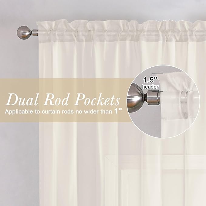 Lecloud Ivory Sheer Curtains 90 Inches Long 2 Panels, Elegant Light Filtering Voile Breathable Curtains, Solid Window Treatments with Dual Rod Pocket for Dining Room Bedroom, Each 42" W x 90" L