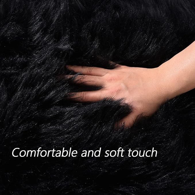 Latepis Shag Rug 6x9, Faux Fur Sheepskin Rug for Living Room, Fluffy Washable Rugs for Bedroom, Dorm, Luxury Room Decor, Black Fuzzy Rugs, Rectangle