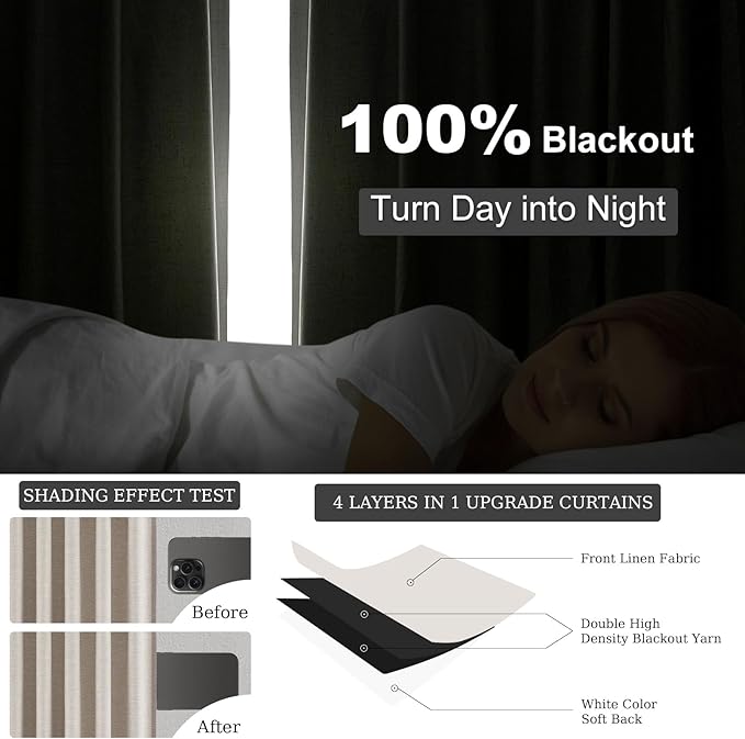 Topfinel 105 Inches Long Blackout Natural Linen Curtains for Bedroom, Rustic Brown Pinch Pleat Sound Blocking Curtains, Neutral Farmhouse Lined Drapes 2 Panels for Living Room Sliding Door