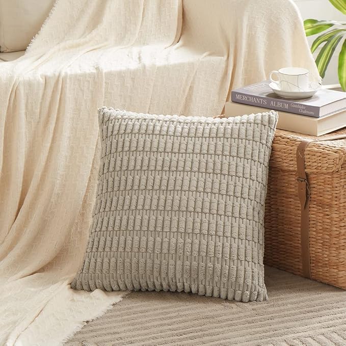 Fancy Homi 4 Packs Neutral Euro Decorative Throw Pillow Covers 26x26 Inch for Living Room Couch Bed Sofa, Rustic Farmhouse Boho Home Decor, Soft Plush Striped Corduroy Square Cushion Case 66x66 cm
