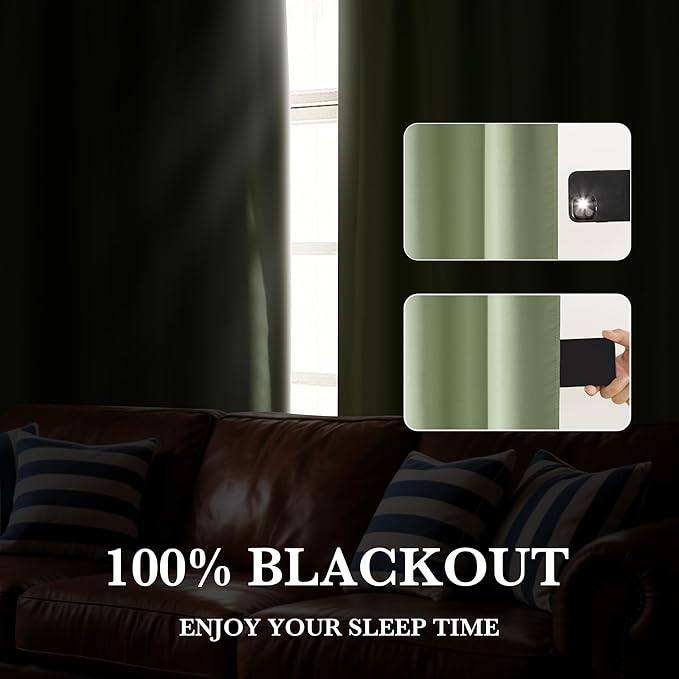 RYB HOME 100% Blackout Short Curtains for Small Window, Thermal Insulated Total Room Darkening Noise Reducing Curtains for Kitchen Bathroom Basement, 42 inches Wide by 48 inches Long, Sage Green