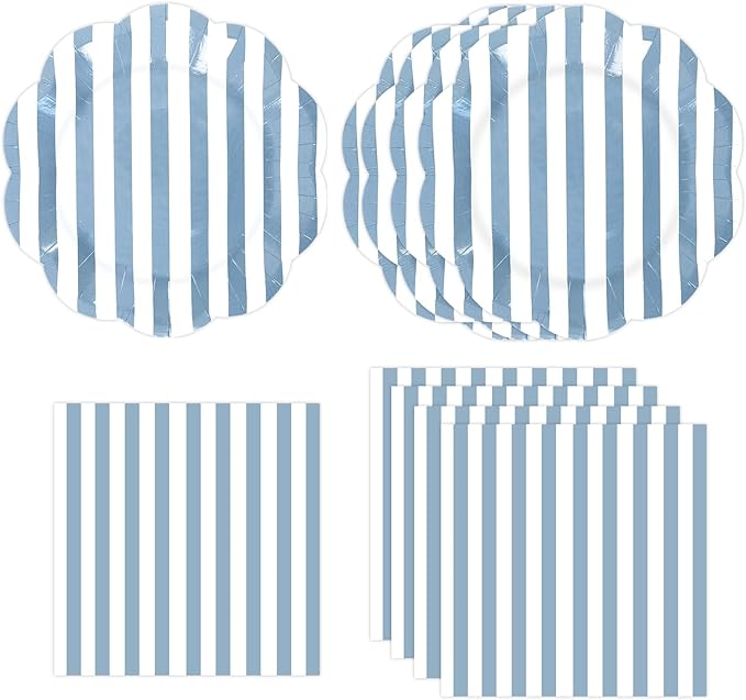 50PCS Blue Striped Paper Plates and Napkins Party Supplies, Blue and White Scalloped Party Plates and Napkins Tableware Set for Birthday Bridal & Baby Shower Wedding Party Decoration