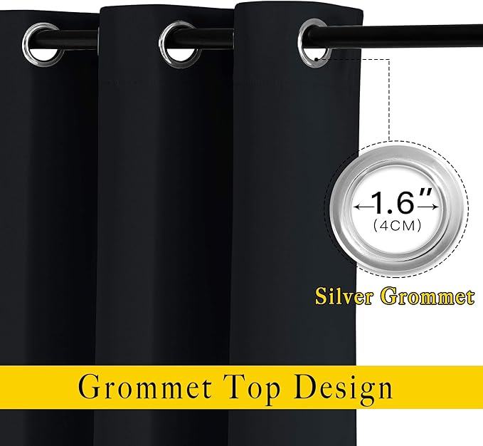 NICETOWN Black Out Curtain Panels - Home Decoration Thermal Insulated Solid Grommet Blackout Curtains/Drapes for Hall/Sliding Door (80" Wide by 108" Long, Black, Set of 2)