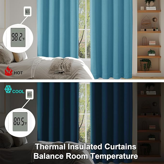 Simplebrand Ava Turquoise Blackout Curtains for Bedroom 63 Inch Length 2 Panels Set, Solid Thermal Insulated Energy Saving Rod Pocket Window Treatment Curtains Blackout Drapes, W40 x L63 Inch, Tur