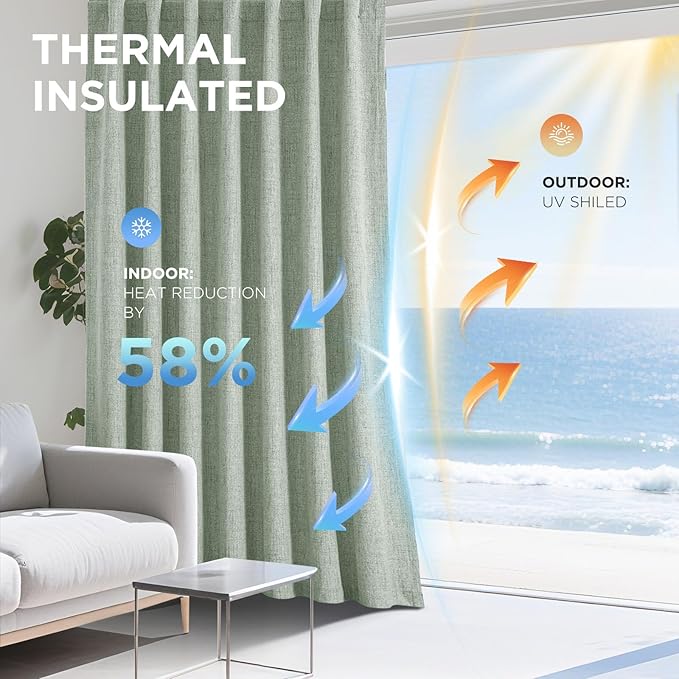 Joydeco Linen Blackout Curtains for Bedroom - 100% Light Blocking 1 Panels, Sage Green Drapes 100" W x 96" L, Thermal Insulated Room Darkening Curtains for Living Room, Rod Pocket & Back Tabs