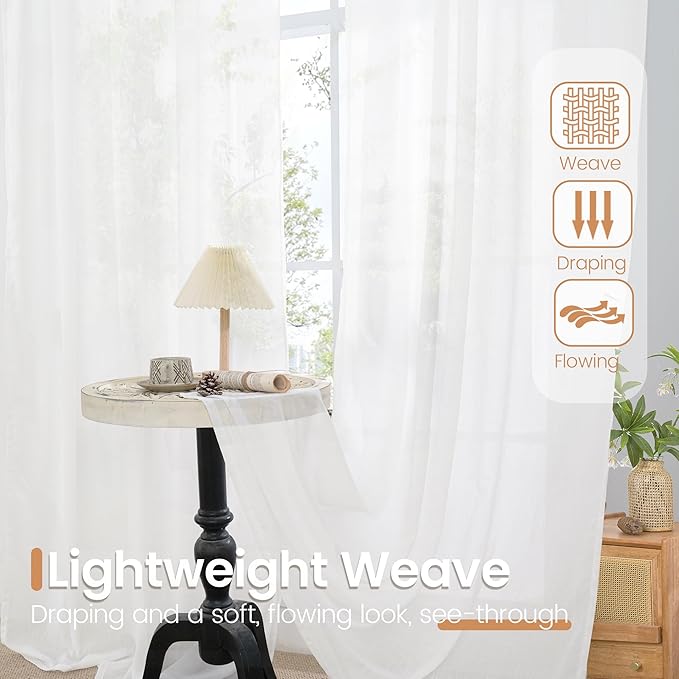 BGment 72 Inch Length White Linen Curtains for Living Room - Rod Pocket Semi Sheer Drapes Light Filtering Window Treatments for Bedroom Dining Lightweight Rustic, 2 Panels Set, 52 X 72 Inch
