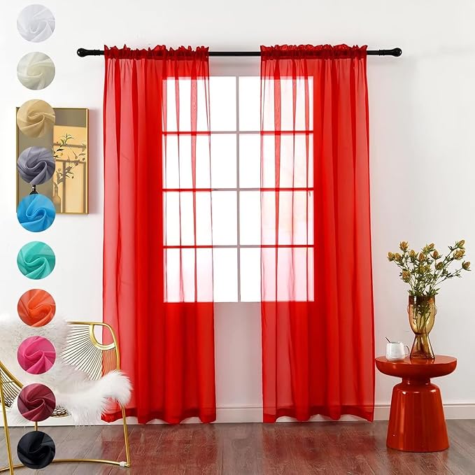 youleyar Solid Sheer Rod Pocket Curtain Voile Draperies 2 Panels White Beige Black Red Coffee 38 Inch Width 54 Inch Long 1 Pair for Kitchen Bedroom Children Living Room Yard(Red,38Wｘ54L)