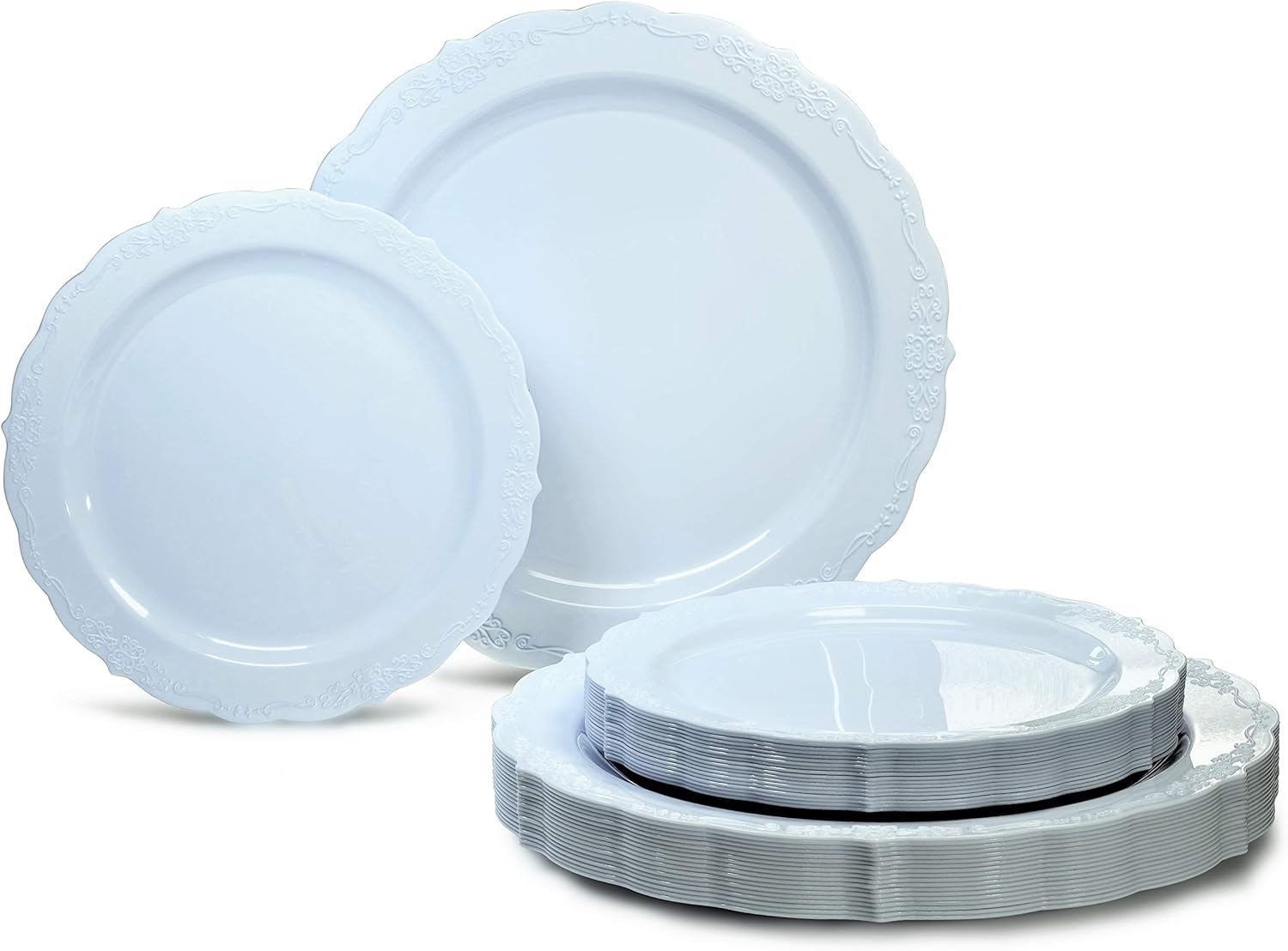 " OCCASIONS " 240 Plates Pack,(120 Guests) Vintage Wedding Party Disposable Plastic Plates Set -120 x 10'' Dinner + 120 x 7.5'' Salad/Dessert (Verona Blue)