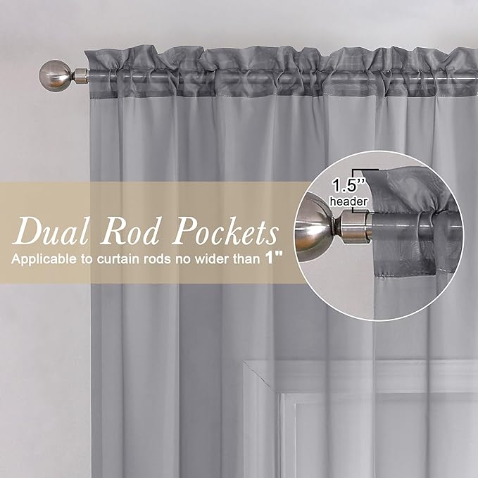Lecloud Charcoal Grey Sheer Curtains 90 Inches Long 2 Panels Set, Dual Rod Pocket Living Room Curtains for Bedroom Decor, Light Filtering Airy Rustic Dining Room Drapes, Each Panel 59" W x 90" L