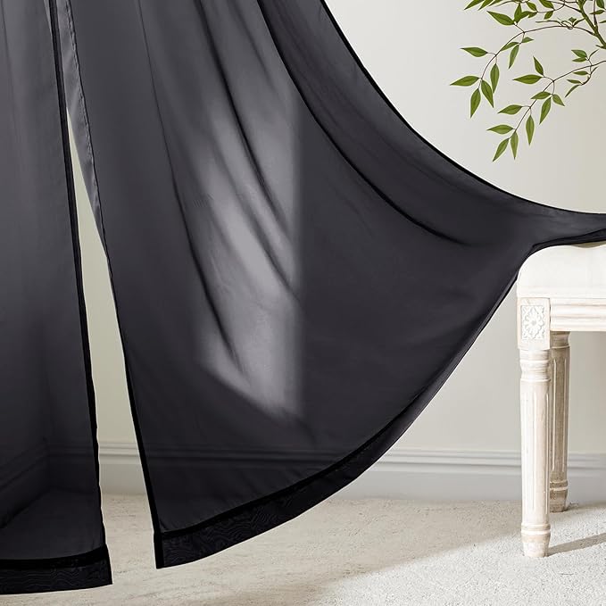 MIULEE Black Sheer Curtains 90 Inches Long, 4 Panels Set, Light Filtering Halloween Rod Pocket Voile Drapes for Living Room and Bedroom, Airy Soft Fabric Window Treatments, 54 x 90 Inches