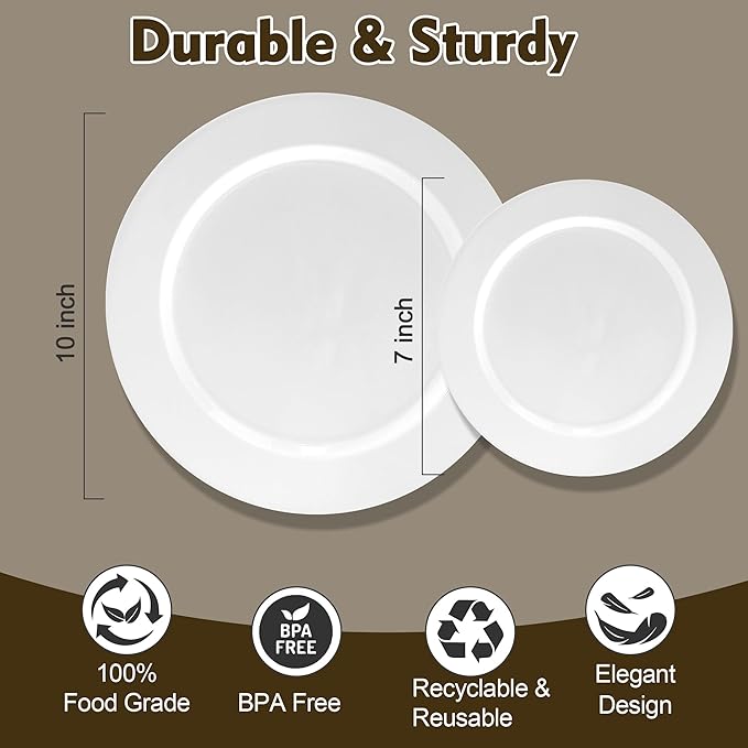 60 PCS White Plastic Plates, Plastic Disposable Plates Include 30 Dinner Plate and 30 Dessert Plate Perfect for Holiday, Birthday, Wedding & Party