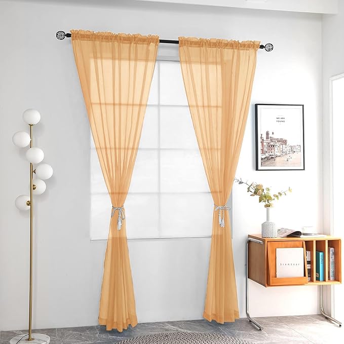 youleyar Solid Sheer Rod Pocket Curtain Voile Draperies 2 Panels White Beige Black Grey Coffee 42 Inch Width 72 Inch Long 1 Pair for Kitchen Bedroom Children Living Room Yard(Beige,42Wｘ72L)