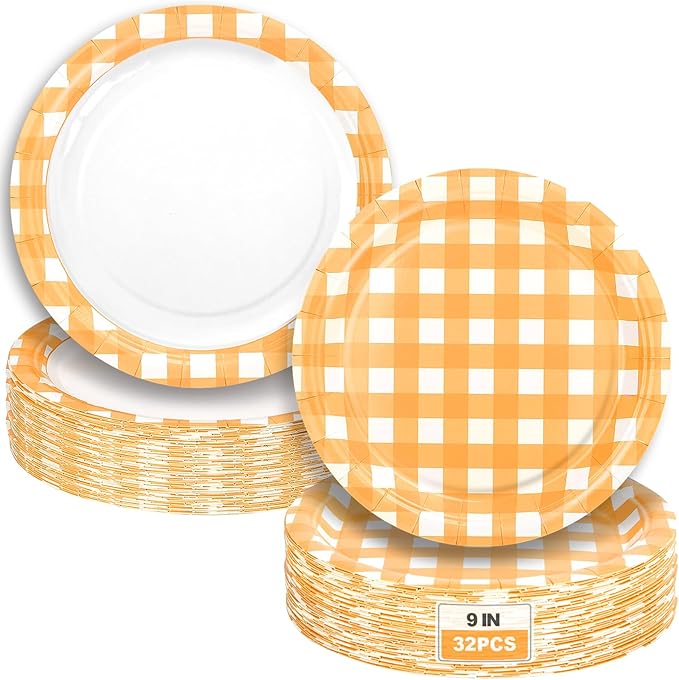 32 Pcs Orange Gingham Party Plates - 9 Inch Checkered Plaid Dessert Plates Disposable Orange and White Paper Plate - For Picnic BBQ Birthday Dinner Party Supplies