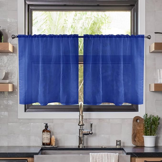 Youleyar Solid Sheer Rod Pocket Curtain Voile Draperies 2 Panels White Beige Black Ivory Coffee 26 Inch Width 24 Inch Long 1 Pair for Kitchen Bedroom Children Living Room Yard(Blue Sapphire,26W x 24L)