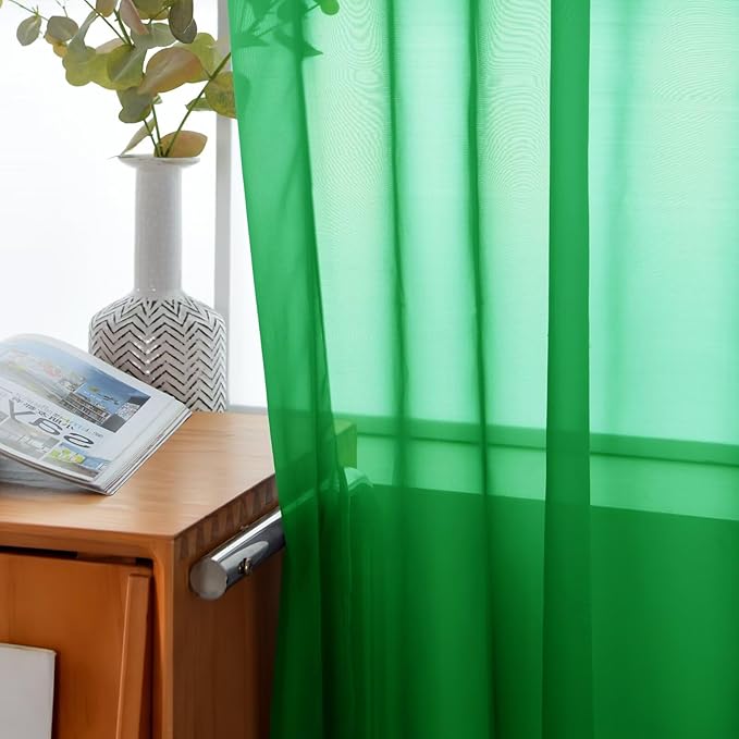 youleyar Solid Sheer Rod Pocket Curtain Voile Draperies 2 Panels White Beige Black Ivory Coffee 26 Inch Width 24 Inch Long 1 Pair for Kitchen Bedroom Children Living Room Yard(Green,26W x 24L)