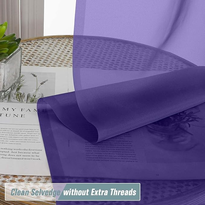 Purple Small Sheer Curtains 2 Panels Set, Kitchen Curtains 36 Inch Length, Elegant Light Filtering Short Window Drapes for Living Room Bedroom, Dual Rod Pocket Design, 2x42Wx36L Inches