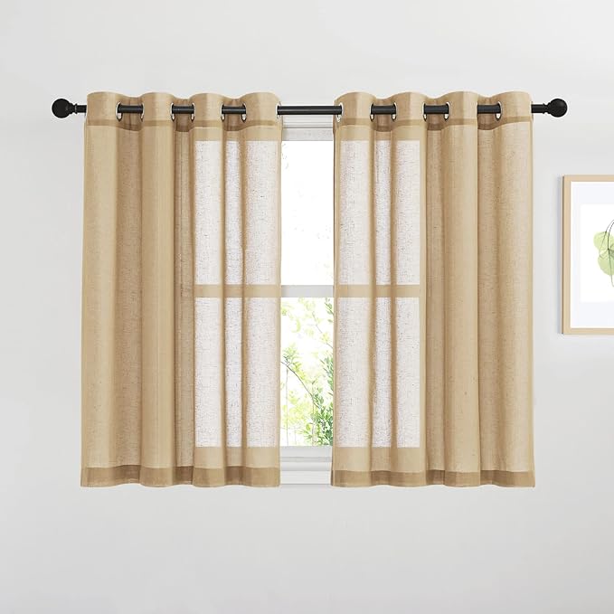 NICETOWN Linen Curtains 45 inch Length for Bathroom, Ring Top Semi Sheer Drapes Privacy with Light Through Window Treatments for Bedroom/Kids Room, Camel, W52 x L45, 2 Pieces