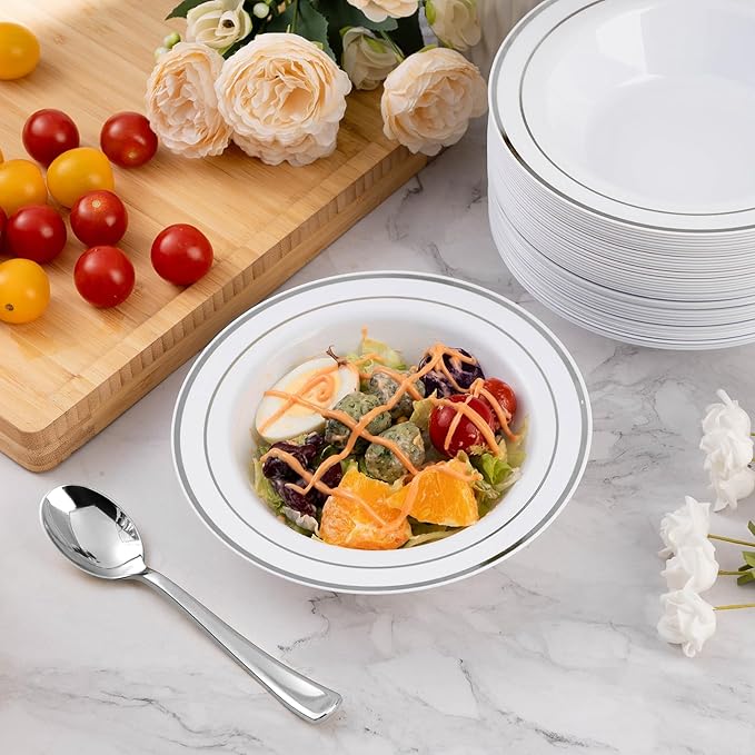 Goodluck 100 Pack Plastic Bowls with Silver Rim, 12oz Disposable Soup Bowls, Heavy Duty Dessert Bowls for Weddings, Parties, Dinners, Catering, and Everyday Use