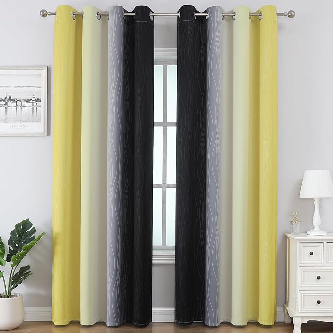 Estelar Textiler Black and Yellow Gradient Blackout Curtains for Bedroom, Thermal Insulated Ombre Blackout Drapes, Full Light Blocking Energy Saving Curtains for Living Room, 52Wx108L, 2 Panels