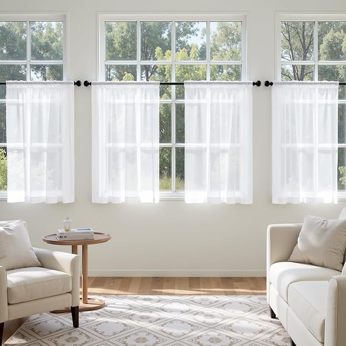 MIULEE Short Curtains 30 Inches Long, 4 Panels Set, Light Filtering Half Window Tier White Sheer Curtains for Kitchen/Bathroom, 42W x 30 Inches