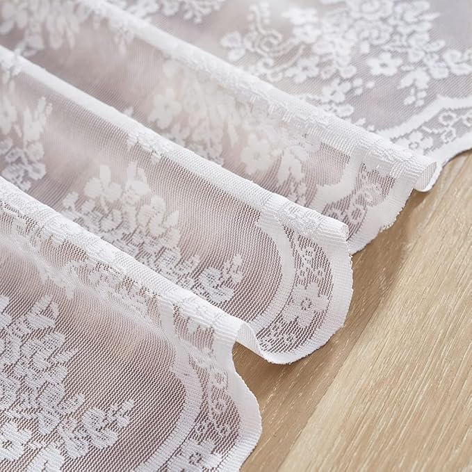 YJ YANJUN Vintage Lace Curtains 30 Inch Length Pair Short White Sheer Kitchen Cafe Curtains, Scalloped Half Window Tiers, Mini Front Door for Small Window Privacy, Desk Cabinet 26" x 30" White