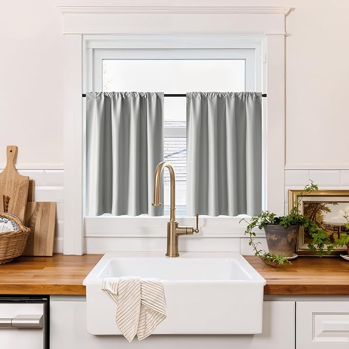 RYB HOME 100% Blackout Basement Curtains 24 inches Long, Heat & UV Blocking Total Room Darkening Noise Reducing Curtains for Bathroom RV Campers, Sliver Grey, 2 Panels Set