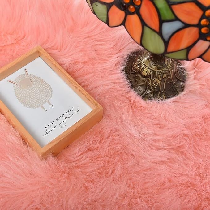 ORINOVA Pink Faux Sheepskin Fuzzy Fur Rugs for Bedroom Washable Shaggy Area Rugs for Living Room 3x5 Nursery Rug