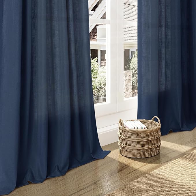 Nanspring Denim Blue Linen Curtains 90 Inch Long 2 Panels Set for Bedroom Living Room Denim Blue Linen Textured Window Drapes Semi Sheer Light Filtering Rod Pocket Back Tab Farmhouse Curtain 52x90